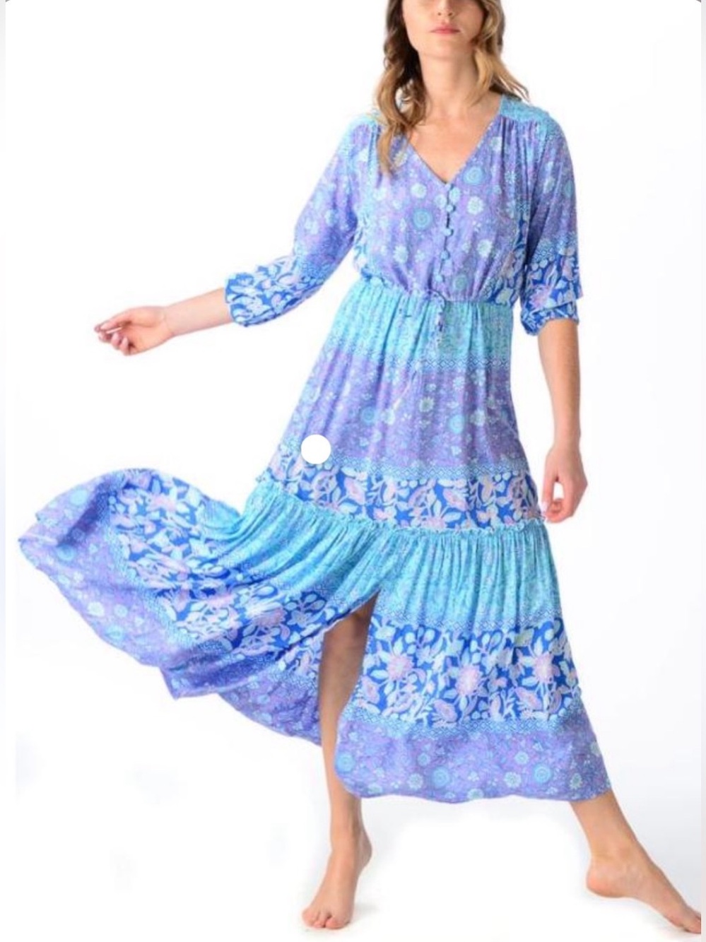 Walker & Wade Carrie Maxi Dress Floral Tiered Tie Waist Large Blue Purple Boho L